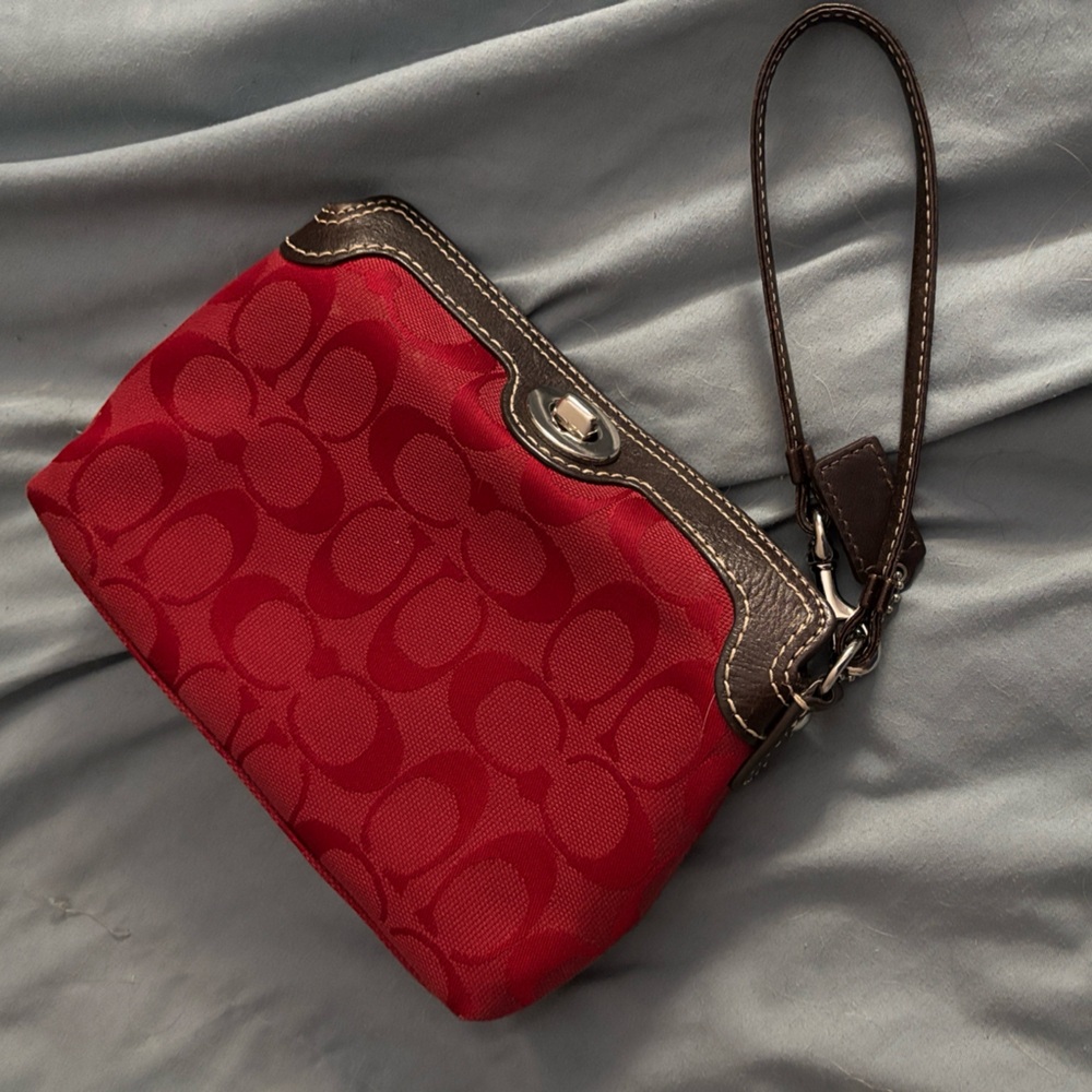 Coach Red Wristlet Clutch with Brown Accents